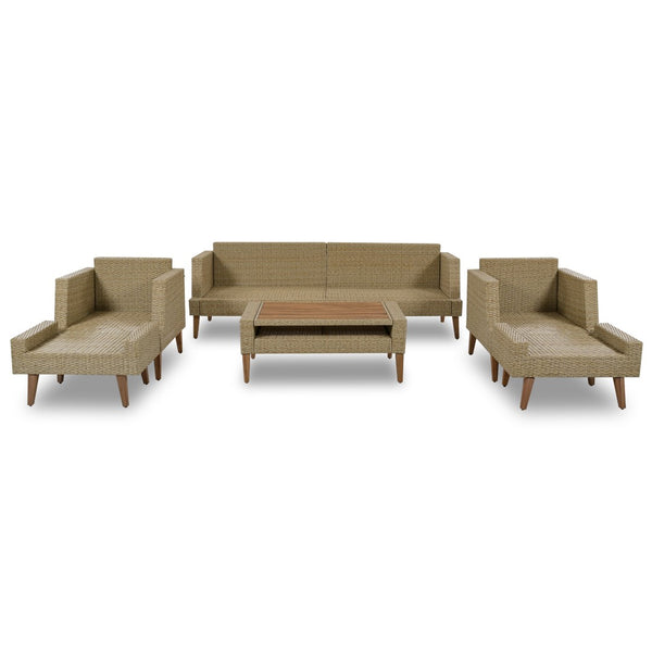 English Elm <old Old Sku Pe Wicker Six Piece Patio Conversation Set Acacia Wood Cushioned Outdoor Sofa Brown N704G201219D