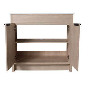 English Elm 36 Inch Freestanding Vanity with White Ceramic Sink, Soft-Close Doors, Adjustable Shelf, Water-Resistant Finish W999S00065