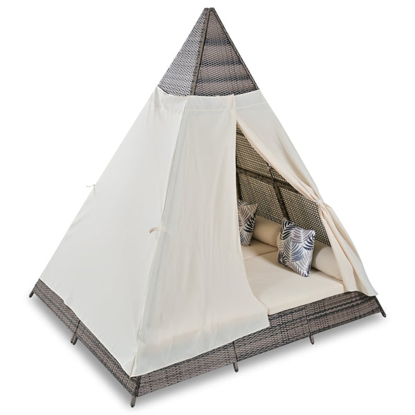 English Elm GO Pyramid Sunbed Outdoor Daybed With Zippered Cushions, Curtains For Privacy & Sun Protection Beige FG201220AAA