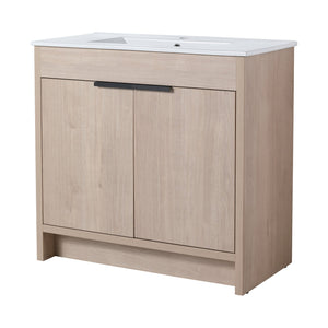 English Elm 36 Inch Freestanding Vanity with White Ceramic Sink, Soft-Close Doors, Adjustable Shelf, Water-Resistant Finish W999S00065