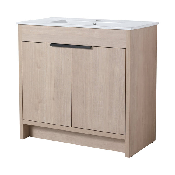 English Elm 36 Inch Freestanding Vanity with White Ceramic Sink, Soft-Close Doors, Adjustable Shelf, Water-Resistant Finish W999S00065
