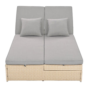 English Elm TOPMAX Outdoor Double Sunbed Rattan Reclining Conversation Set for Two with 5-Position Comfort Cushions and Cup Trays Brown SP100001AAD