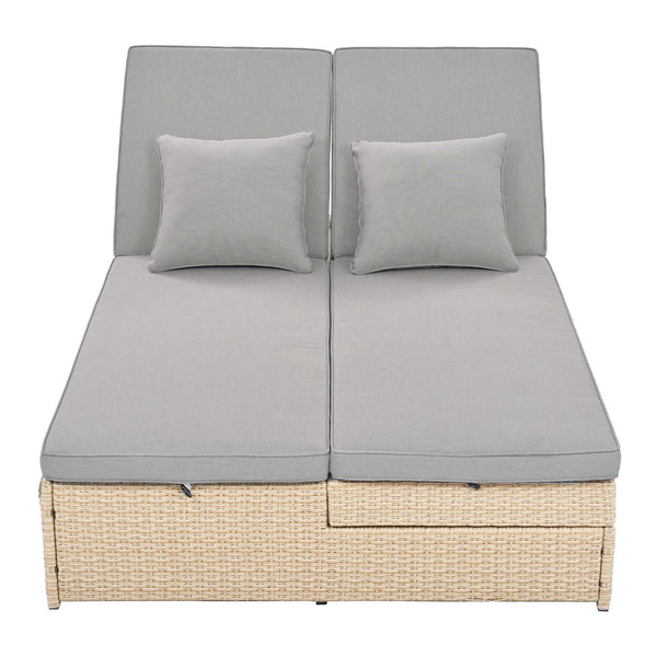 English Elm TOPMAX Outdoor Double Sunbed Rattan Reclining Conversation Set for Two with 5-Position Comfort Cushions and Cup Trays Brown SP100001AAD