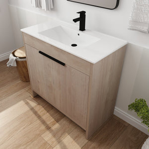 English Elm 36 Inch Freestanding Vanity with White Ceramic Sink, Soft-Close Doors, Adjustable Shelf, Water-Resistant Finish W999S00065