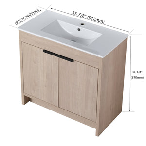 English Elm 36 Inch Freestanding Vanity with White Ceramic Sink, Soft-Close Doors, Adjustable Shelf, Water-Resistant Finish W999S00065
