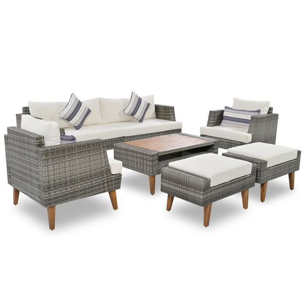 English Elm <old Old Sku Pe Wicker Six Piece Patio Conversation Set Acacia Wood Cushioned Outdoor Sofa Gray+Beige N704G201219A