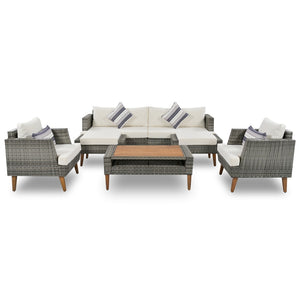 English Elm <old Old Sku Pe Wicker Six Piece Patio Conversation Set Acacia Wood Cushioned Outdoor Sofa Gray+Beige N704G201219A