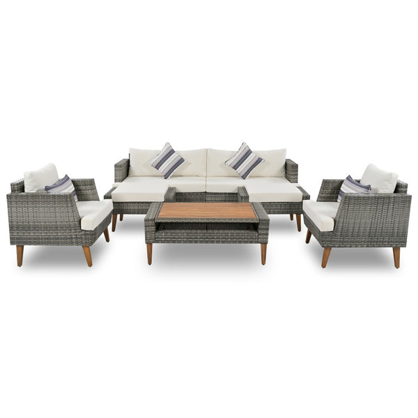 English Elm <old Old Sku Pe Wicker Six Piece Patio Conversation Set Acacia Wood Cushioned Outdoor Sofa Gray+Beige N704G201219A