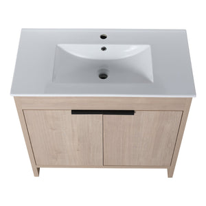 English Elm 36 Inch Freestanding Vanity with White Ceramic Sink, Soft-Close Doors, Adjustable Shelf, Water-Resistant Finish W999S00065