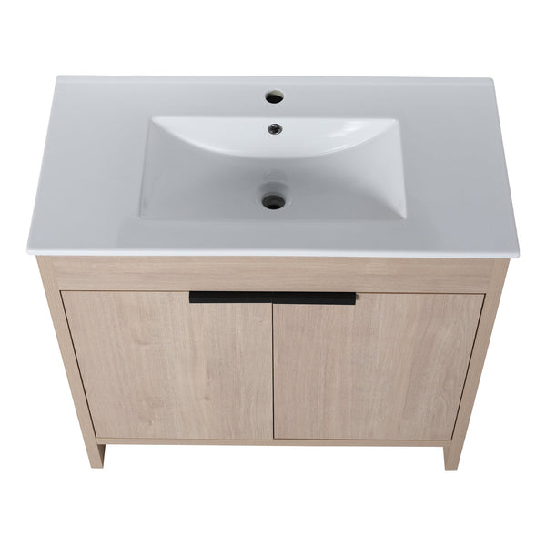 English Elm 36 Inch Freestanding Vanity with White Ceramic Sink, Soft-Close Doors, Adjustable Shelf, Water-Resistant Finish W999S00065