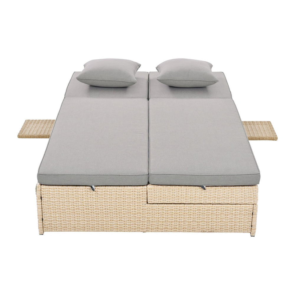 English Elm TOPMAX Outdoor Double Sunbed Rattan Reclining Conversation Set for Two with 5-Position Comfort Cushions and Cup Trays Brown SP100001AAD