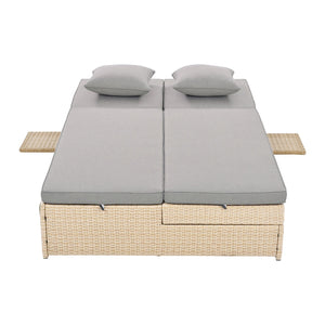 English Elm TOPMAX Outdoor Double Sunbed Rattan Reclining Conversation Set for Two with 5-Position Comfort Cushions and Cup Trays Brown SP100001AAD