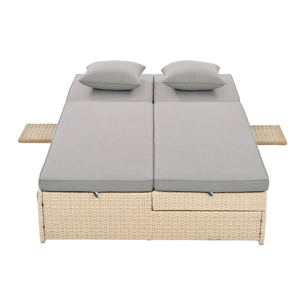 English Elm TOPMAX Outdoor Double Sunbed Rattan Reclining Conversation Set for Two with 5-Position Comfort Cushions and Cup Trays Brown SP100001AAD