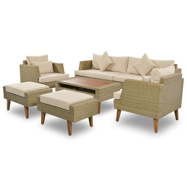 English Elm <old Old Sku Pe Wicker Six Piece Patio Conversation Set Acacia Wood Cushioned Outdoor Sofa Brown N704G201219D