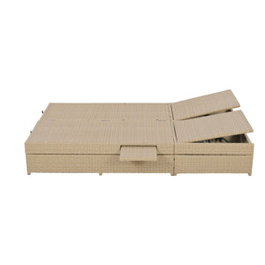 English Elm TOPMAX Outdoor Double Sunbed Rattan Reclining Conversation Set for Two with 5-Position Comfort Cushions and Cup Trays Brown SP100001AAD