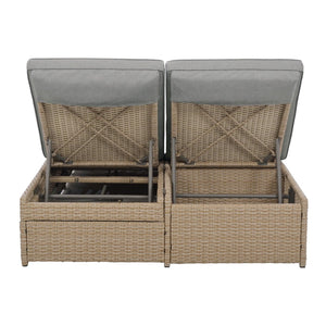 English Elm TOPMAX Outdoor Double Sunbed Rattan Reclining Conversation Set for Two with 5-Position Comfort Cushions and Cup Trays Brown SP100001AAD