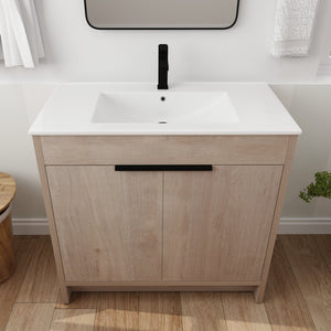 English Elm 36 Inch Freestanding Vanity with White Ceramic Sink, Soft-Close Doors, Adjustable Shelf, Water-Resistant Finish W999S00065