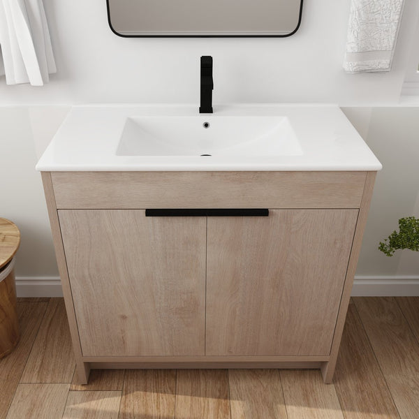 English Elm 36 Inch Freestanding Vanity with White Ceramic Sink, Soft-Close Doors, Adjustable Shelf, Water-Resistant Finish W999S00065