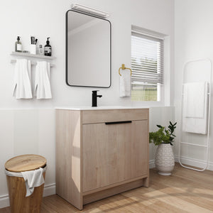 English Elm 36 Inch Freestanding Vanity with White Ceramic Sink, Soft-Close Doors, Adjustable Shelf, Water-Resistant Finish W999S00065