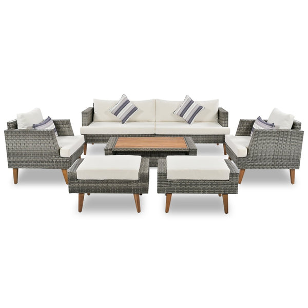 English Elm <old Old Sku Pe Wicker Six Piece Patio Conversation Set Acacia Wood Cushioned Outdoor Sofa Gray+Beige N704G201219A
