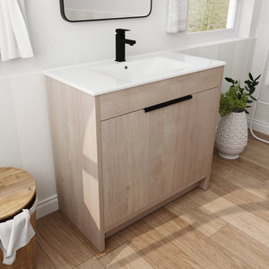 English Elm 36 Inch Freestanding Vanity with White Ceramic Sink, Soft-Close Doors, Adjustable Shelf, Water-Resistant Finish W999S00065