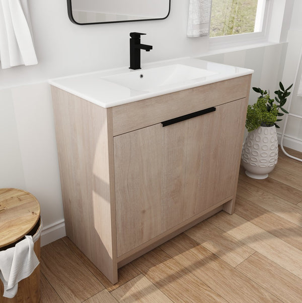 English Elm 36 Inch Freestanding Vanity with White Ceramic Sink, Soft-Close Doors, Adjustable Shelf, Water-Resistant Finish W999S00065