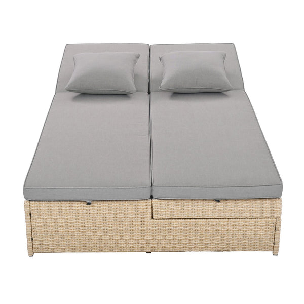 English Elm TOPMAX Outdoor Double Sunbed Rattan Reclining Conversation Set for Two with 5-Position Comfort Cushions and Cup Trays Brown SP100001AAD