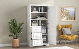 English Elm Tall and Wide Storage Cabinet With Doors For Bathroom/Office, Three Drawers, White