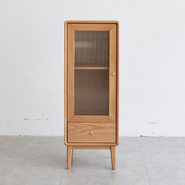 English Elm Solid Oak Corner Cabinet with Glass Door Brass Hardware and Shelved Entryway Storage W128373061