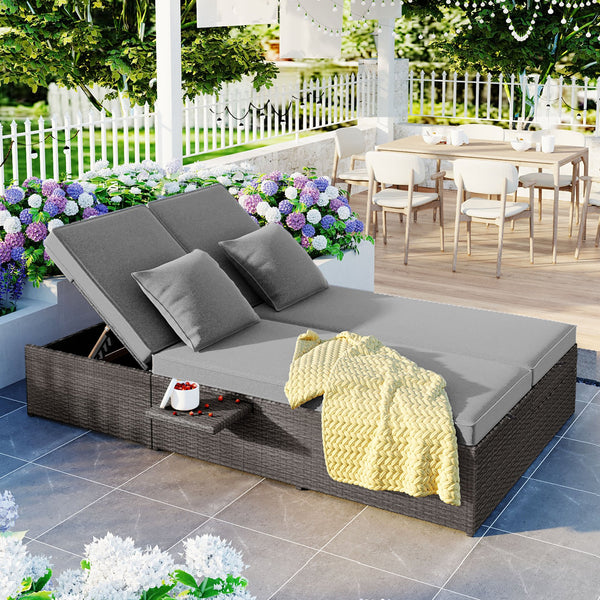 English Elm TOPMAX Outdoor Double Sunbed Rattan Reclining Conversation Set for Two with 5-Position Comfort Cushions and Cup Trays Gray SP100001AAE