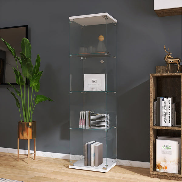 English Elm Lighted Tempered Glass Display Cabinet with 4 Shelves and One Door, Large Curio Storage Solution White W1510136020
