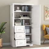 English Elm Tall and Wide Storage Cabinet With Doors For Bathroom/Office, Three Drawers, White