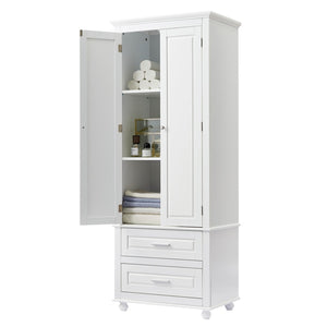 English Elm Tall Storage Cabinet With Two Drawers - Modern White Design For Office Or Bathroom Organization N725P333573K-GIGA