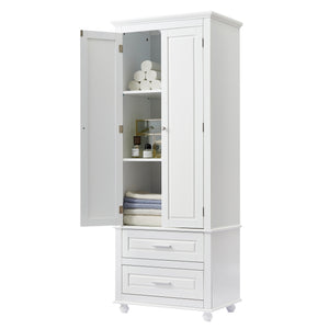 English Elm Tall Slim Storage Cabinet with Adjustable Shelves, 2 Drawers & Doors, Anti-Tip Design for Bathroom White WF299284AAK
