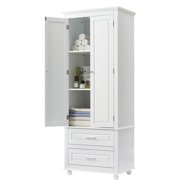 English Elm Tall Slim Storage Cabinet with Adjustable Shelves, 2 Drawers & Doors, Anti-Tip Design for Bathroom White WF299284AAK
