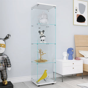 English Elm 4 Glass Display Cabinet with 4 Shelves and Single Door – Tall Slim Glass Tower for Home Decor and Collectibles White W151084140