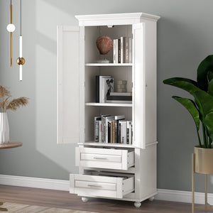 English Elm Tall Slim Storage Cabinet with Adjustable Shelves, 2 Drawers & Doors, Anti-Tip Design for Bathroom White WF299284AAK