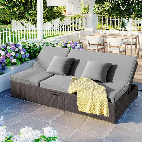 English Elm TOPMAX Outdoor Double Sunbed Rattan Reclining Conversation Set for Two with 5-Position Comfort Cushions and Cup Trays Gray SP100001AAE