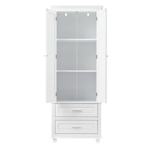 English Elm Tall Slim Storage Cabinet with Adjustable Shelves, 2 Drawers & Doors, Anti-Tip Design for Bathroom White WF299284AAK