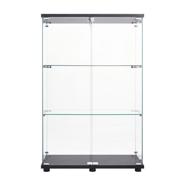English Elm Two Door Glass Cabinet Showcase with 3 Shelves — Slim Display Cabinet for Home, Office, Collectibles Black W151084142