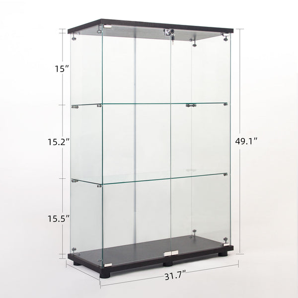 English Elm Two Door Glass Cabinet Showcase with 3 Shelves — Slim Display Cabinet for Home, Office, Collectibles Black W151084142