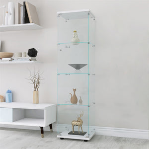 English Elm 4 Glass Display Cabinet with 4 Shelves and Single Door – Tall Slim Glass Tower for Home Decor and Collectibles White W151084140