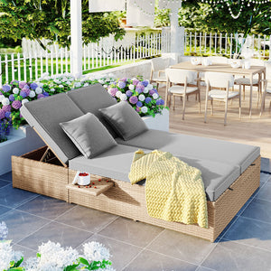 English Elm TOPMAX Outdoor Double Sunbed Rattan Reclining Conversation Set for Two with 5-Position Comfort Cushions and Cup Trays Brown SP100001AAD