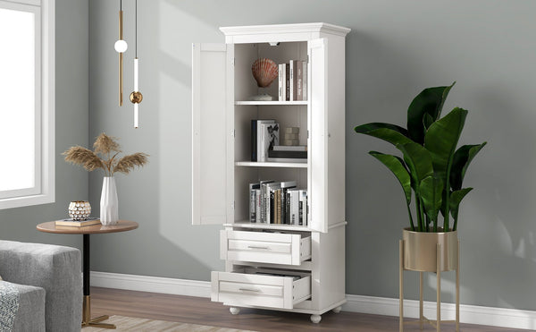 English Elm Tall Slim Storage Cabinet with Adjustable Shelves, 2 Drawers & Doors, Anti-Tip Design for Bathroom White WF299284AAK