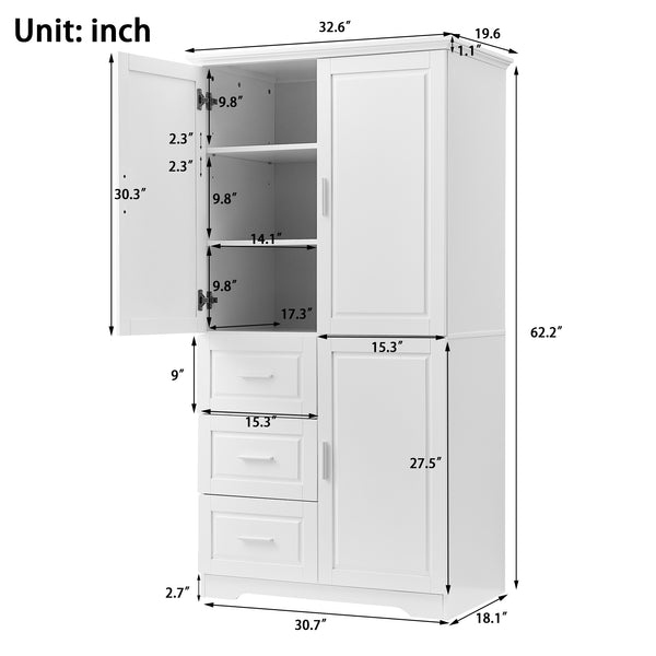 English Elm Tall Narrow Storage Cabinet with Doors and 3 Drawers – Adjustable Shelves, Anti-Tip, 45lb Capacity White WF299285AAK