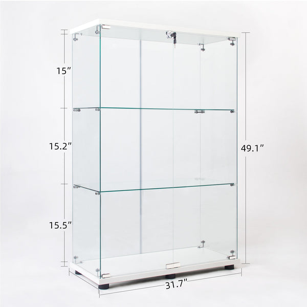 English Elm Two Door Glass Cabinet Showcase with 3 Shelves — Slim Display Cabinet for Home, Office, Collectibles White W151084143