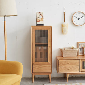 English Elm Solid Oak Corner Cabinet with Glass Door Brass Hardware and Shelved Entryway Storage W128373061