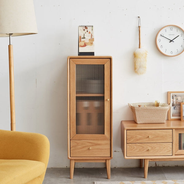 English Elm Solid Oak Corner Cabinet with Glass Door Brass Hardware and Shelved Entryway Storage W128373061