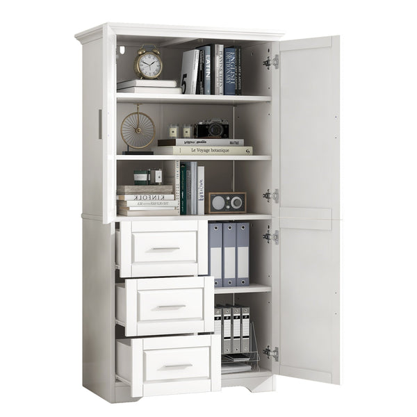 English Elm Tall Narrow Storage Cabinet with Doors and 3 Drawers – Adjustable Shelves, Anti-Tip, 45lb Capacity White WF299285AAK