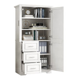 English Elm Tall and Wide Storage Cabinet With Doors For Bathroom/Office, Three Drawers, White